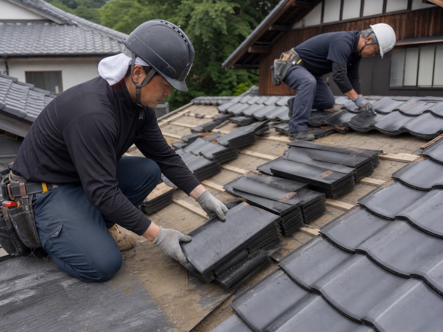 瓦屋根の葺き替えを行う職人の施工イメージ