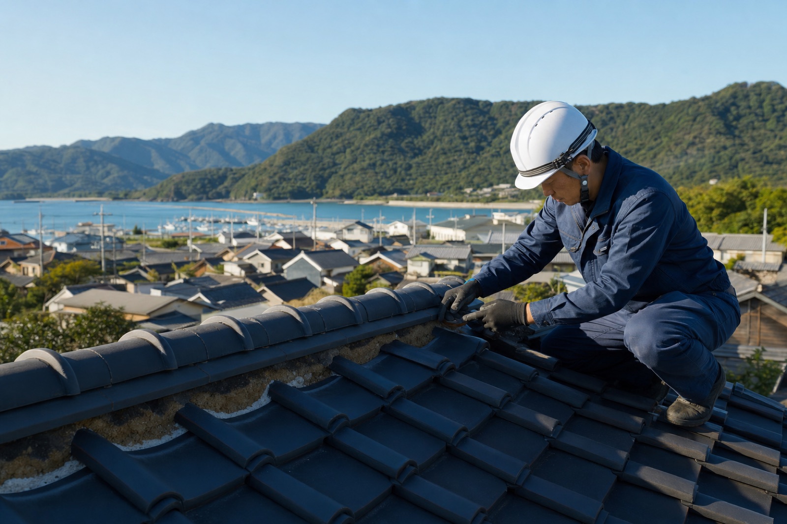 瓦屋根の上で施工を行う職人の施工イメージ